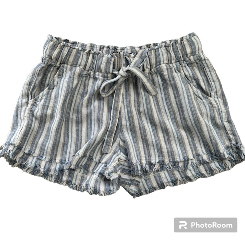Rewash Brand white With Blue & Tan Striped Shorts With Raw Fringe Hem Si…